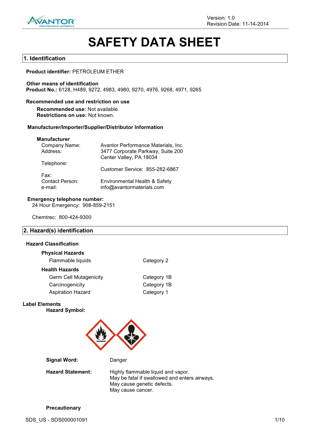 Material Safety Data Sheet (Msds/Sds) Was Prepared by Technical Personnel Based on Data That They Believe in Their Good Faith Judgment Is Accurate