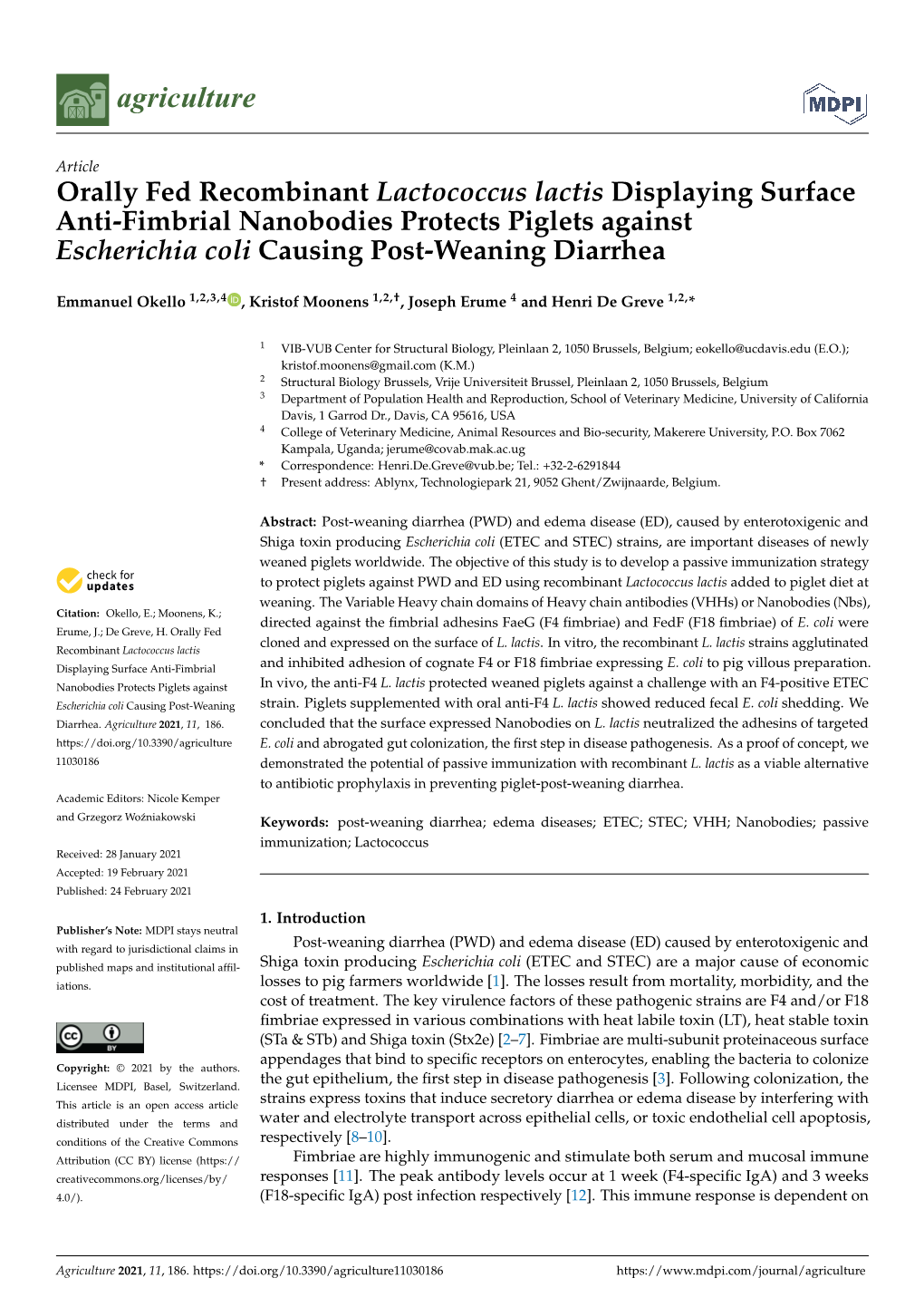 Orally Fed Recombinant Lactococcus Lactis Displaying Surface Anti-Fimbrial Nanobodies Protects Piglets Against Escherichia Coli Causing Post-Weaning Diarrhea