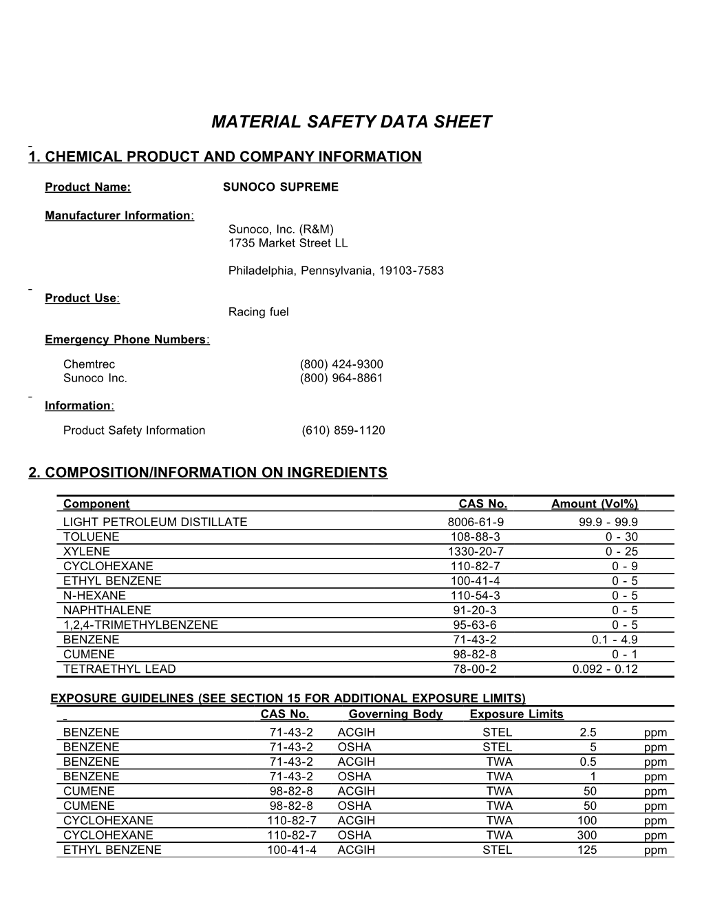 Material Safety Data Sheet