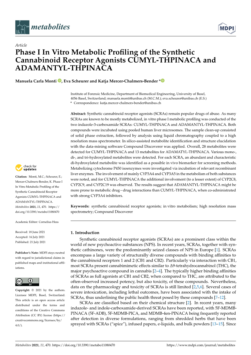 Phase I in Vitro Metabolic Profiling of the Synthetic Cannabinoid