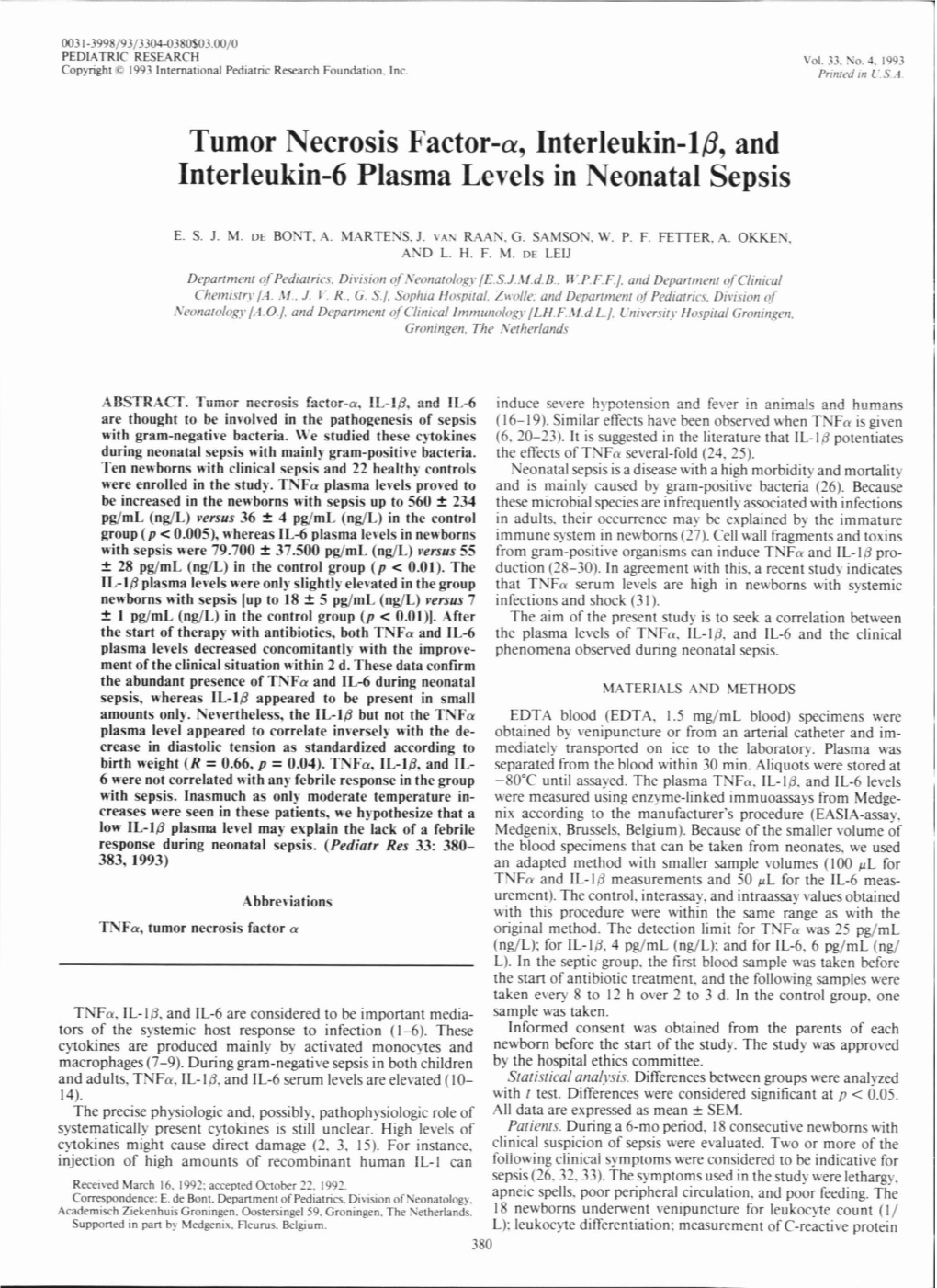 Tumor Necrosis Factor-A, Interleukin-16, and Interleukind Plasma Levels in Neonatal Sepsis