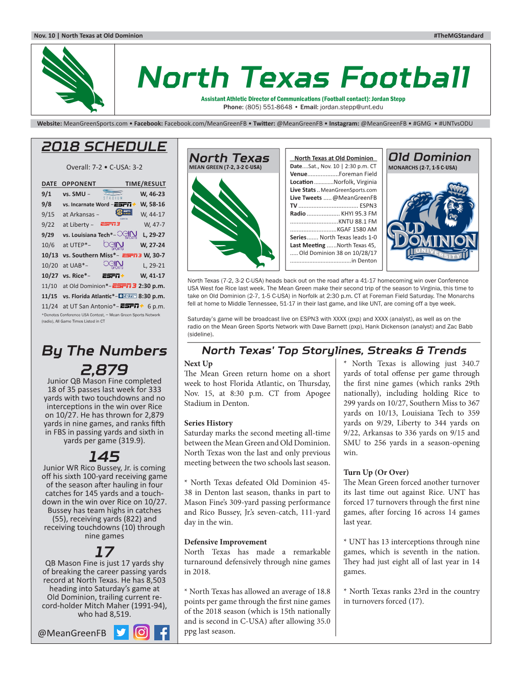 North Texas Football Assistant Athletic Director of Communications (Football Contact): Jordan Stepp Phone: (805) 551-8648 • Email: Jordan.Stepp@Unt.Edu