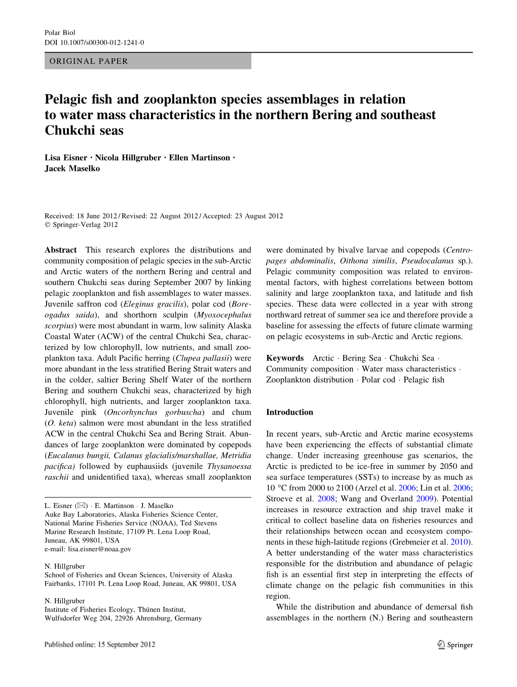 Pelagic Fish and Zooplankton Species Assemblages in Relation to Water