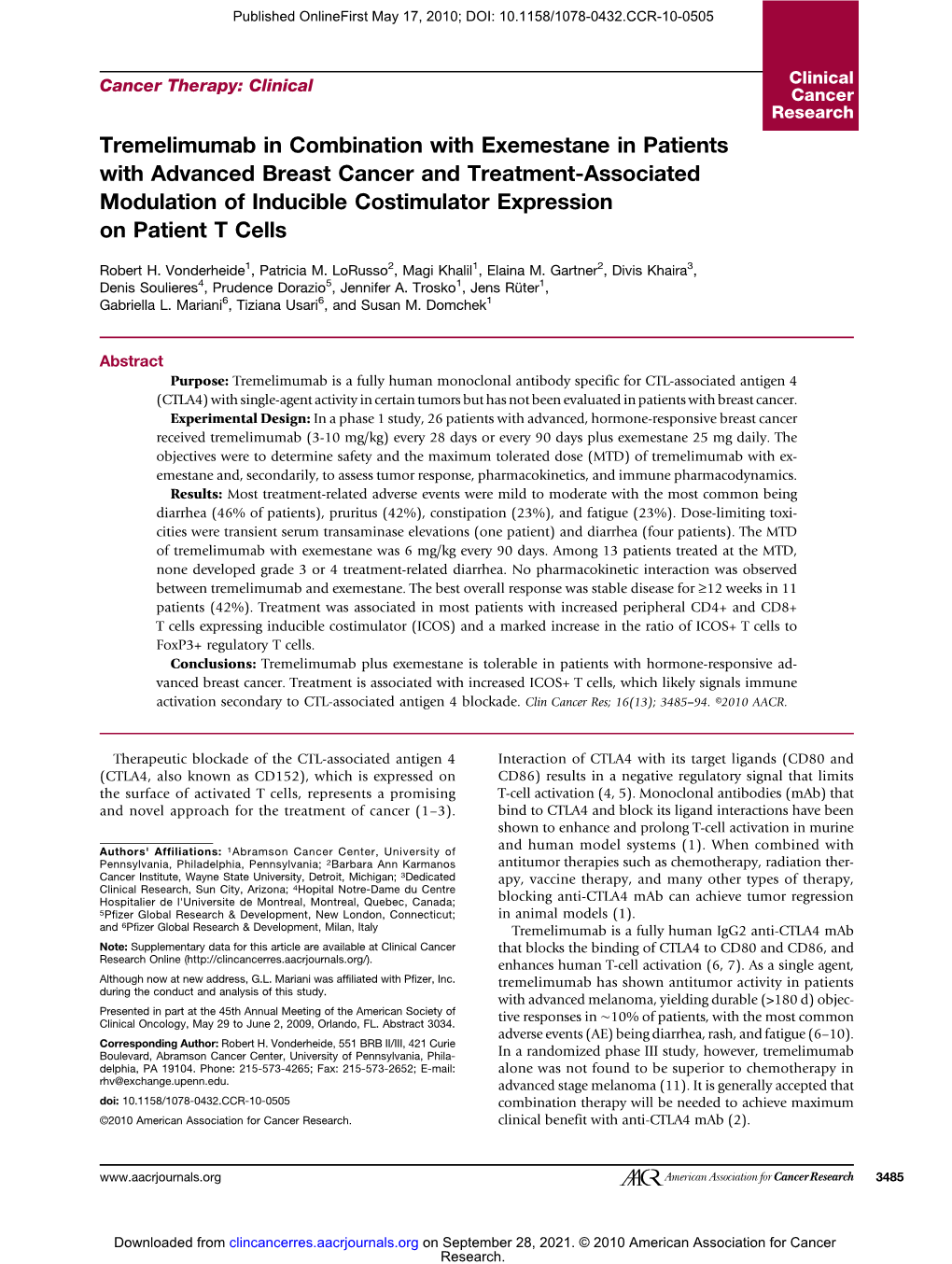 Tremelimumab in Combination with Exemestane in Patients with Advanced Breast Cancer and Treatment-Associated Modulation of Induc