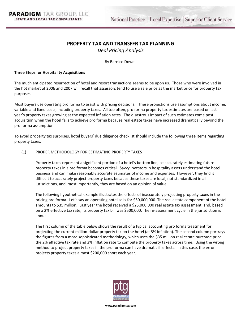 PROPERTY TAX and TRANSFER TAX PLANNING Deal Pricing Analysis