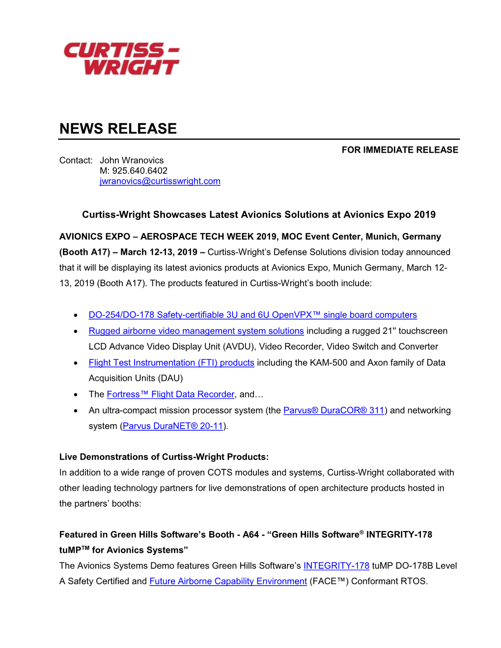 NEWS RELEASE for IMMEDIATE RELEASE Contact: John Wranovics M: 925.640.6402 Jwranovics@Curtisswright.Com