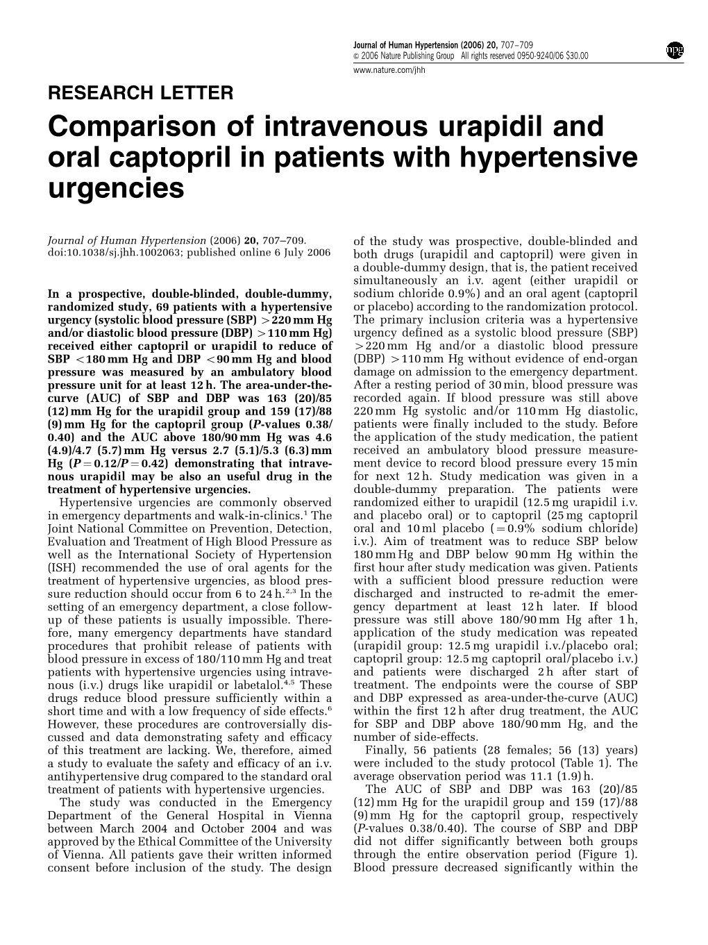 Comparison of Intravenous Urapidil and Oral Captopril in Patients with Hypertensive Urgencies