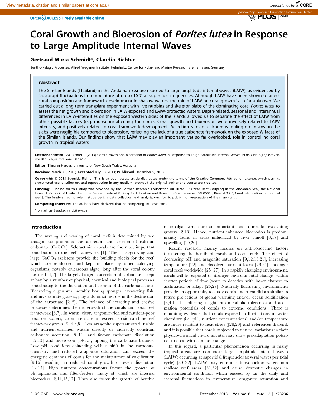 Coral Growth and Bioerosion of Porites Lutea in Response to Large Amplitude Internal Waves