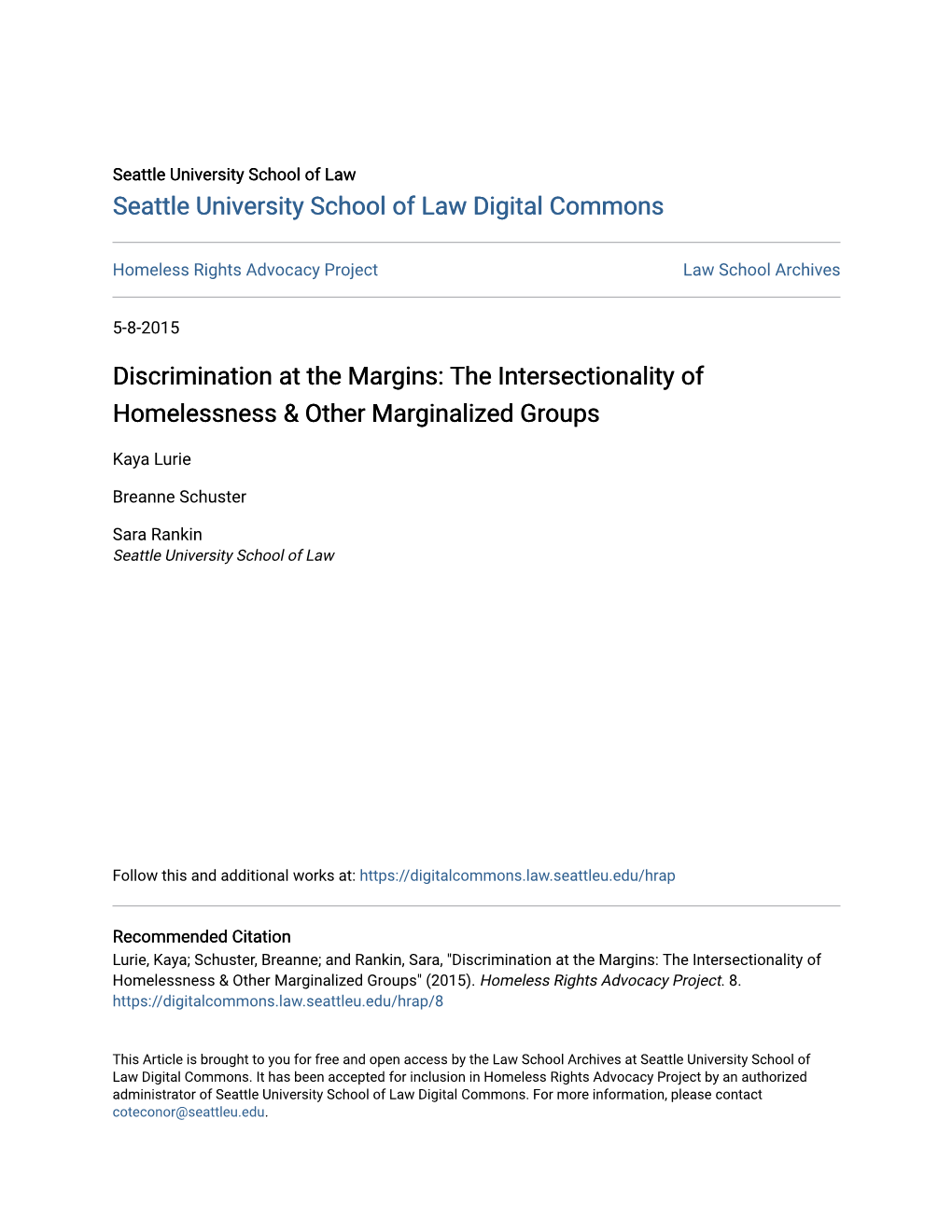 Discrimination at the Margins: the Intersectionality of Homelessness & Other Marginalized Groups