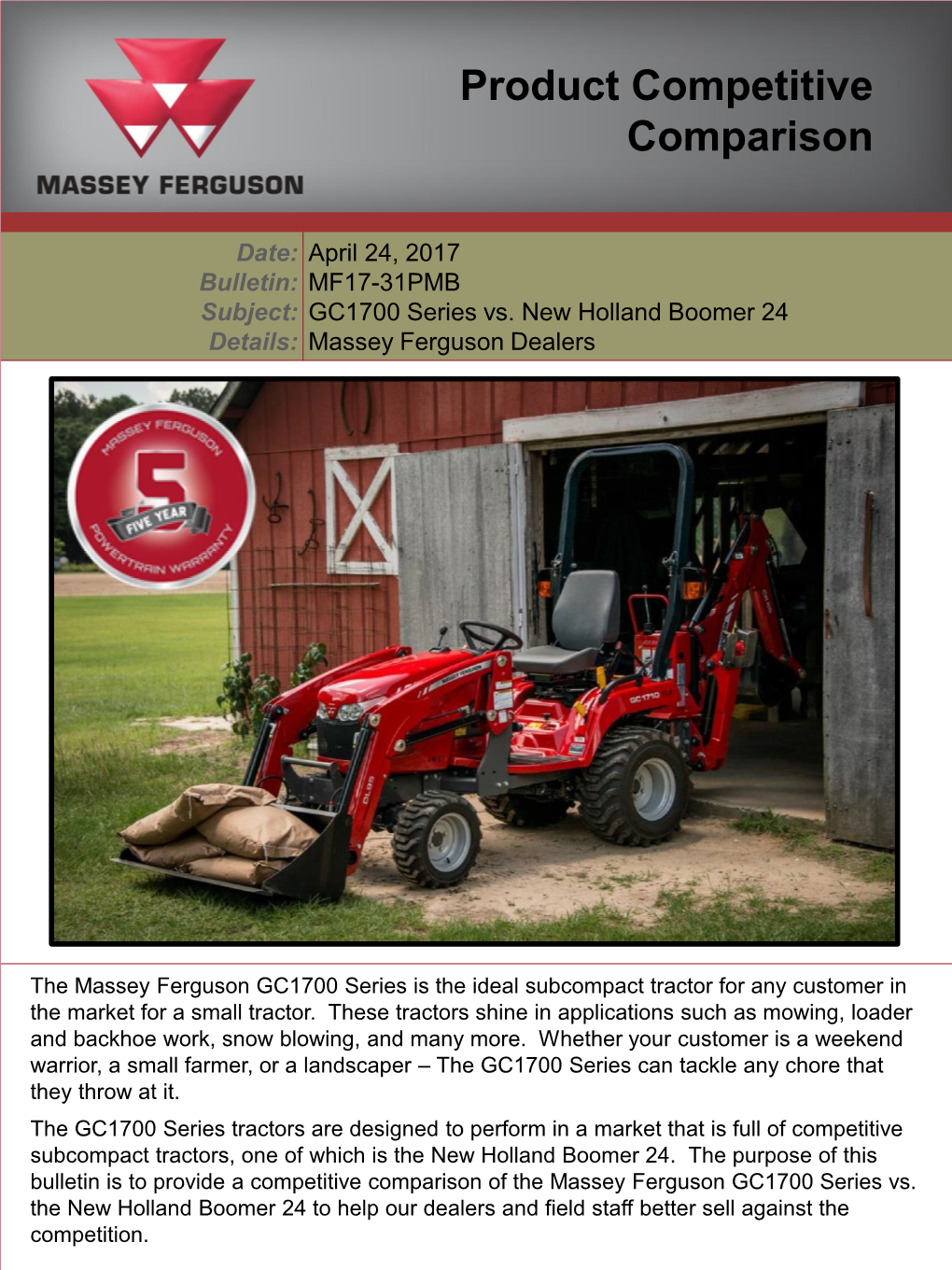 GC1700 Series Vs. New Holland Boomer 24 Details: Massey Ferguson Dealers