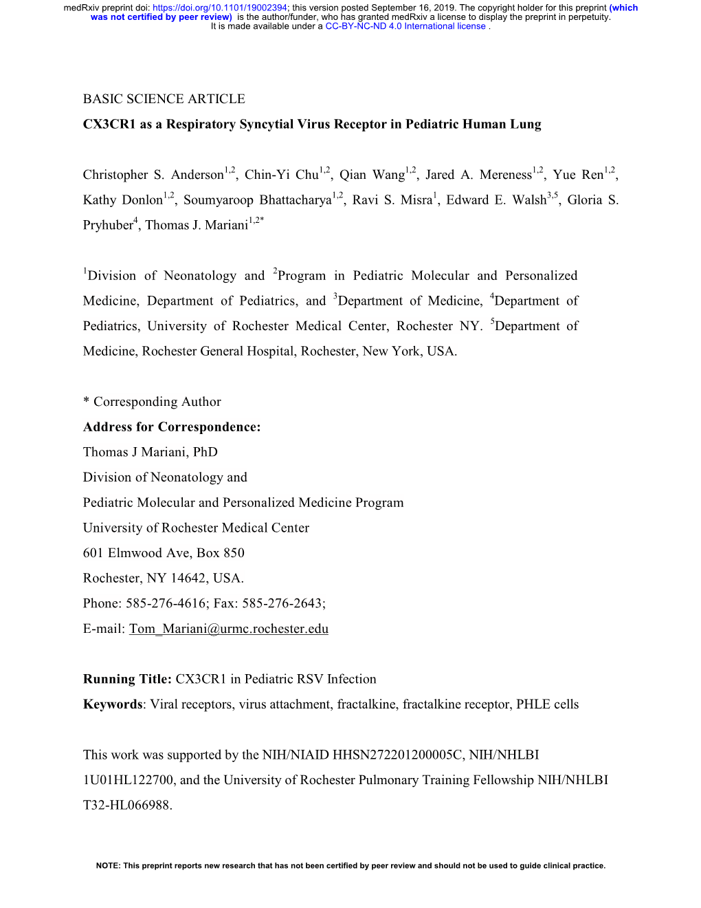 BASIC SCIENCE ARTICLE CX3CR1 As a Respiratory Syncytial Virus Receptor in Pediatric Human Lung