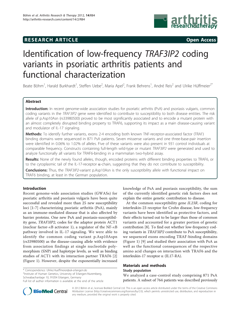 Identification of Low-Frequency TRAF3IP2 Coding Variants in Psoriatic Arthritis Patients and Functional Characterization