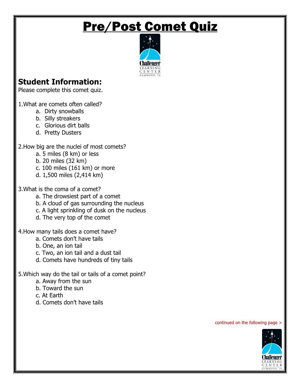 Pre/Post Comet Quiz