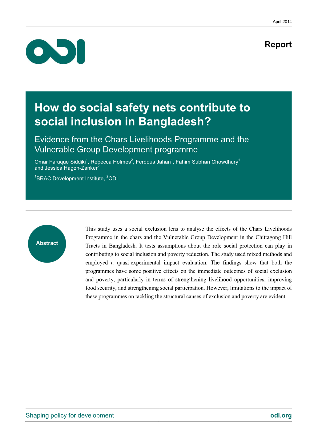 How Do Social Safety Nets Contribute to Social Inclusion in Bangladesh? Evidence from the Chars Livelihoods Programme and the Vulnerable Group Development Programme