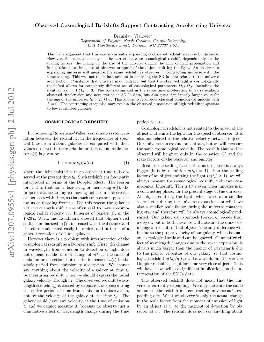 Observed Cosmological Redshifts Support Contracting Accelerating Universe