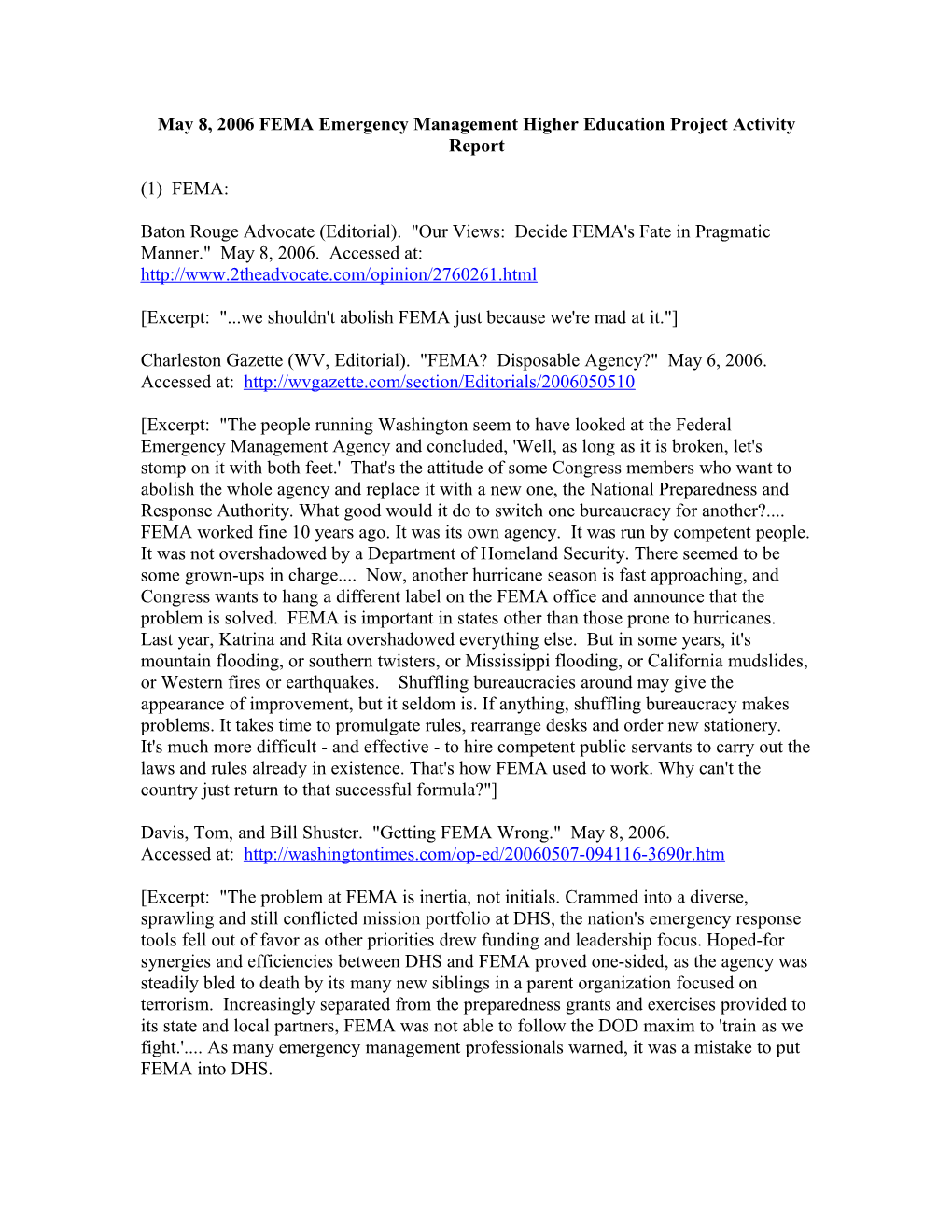 May 8, 2006 FEMA Emergency Management Higher Education Project Activity Report