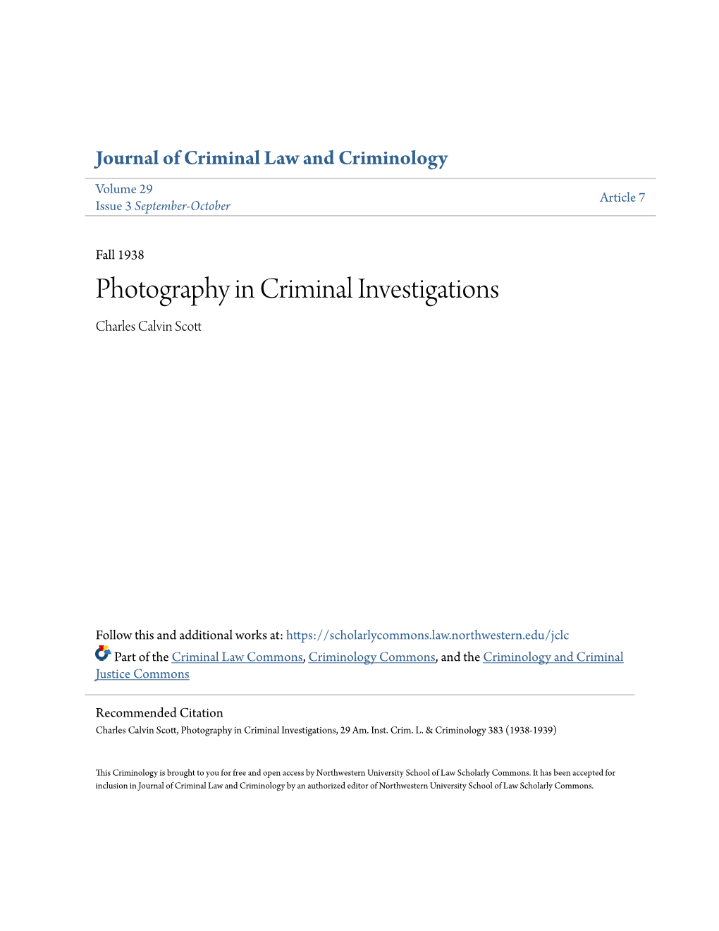 Photography in Criminal Investigations Charles Calvin Scott