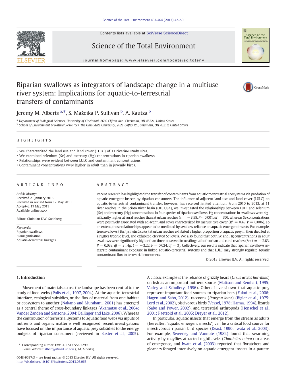 Riparian Swallows As Integrators of Landscape Change in a Multiuse River System: Implications for Aquatic-To-Terrestrial Transfers of Contaminants