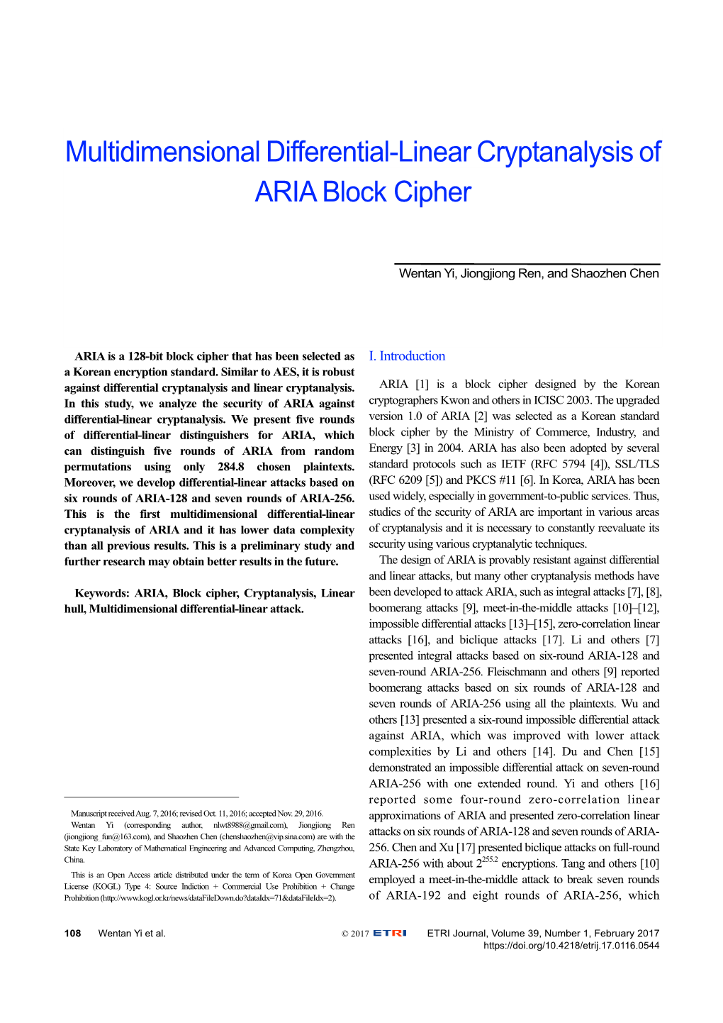 Multidimensional Differential-Linear Cryptanalysis Of ARIA Block Cipher ...