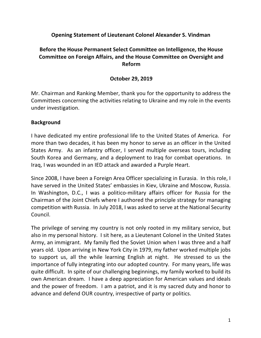 Opening Statement of Lieutenant Colonel Alexander S. Vindman Before the House Permanent Select Committee on Intelligence, the Ho