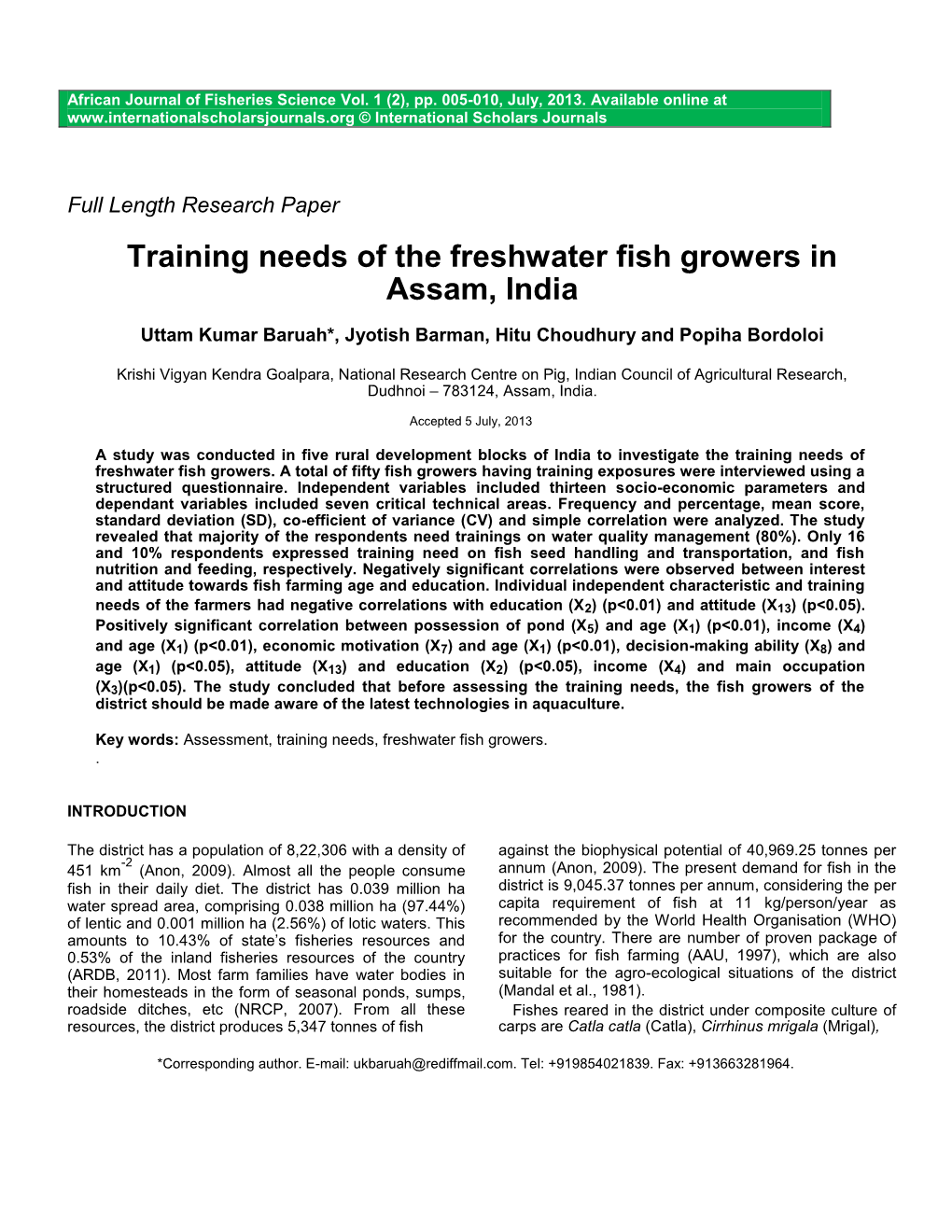 Training Needs of the Freshwater Fish Growers in Assam, India