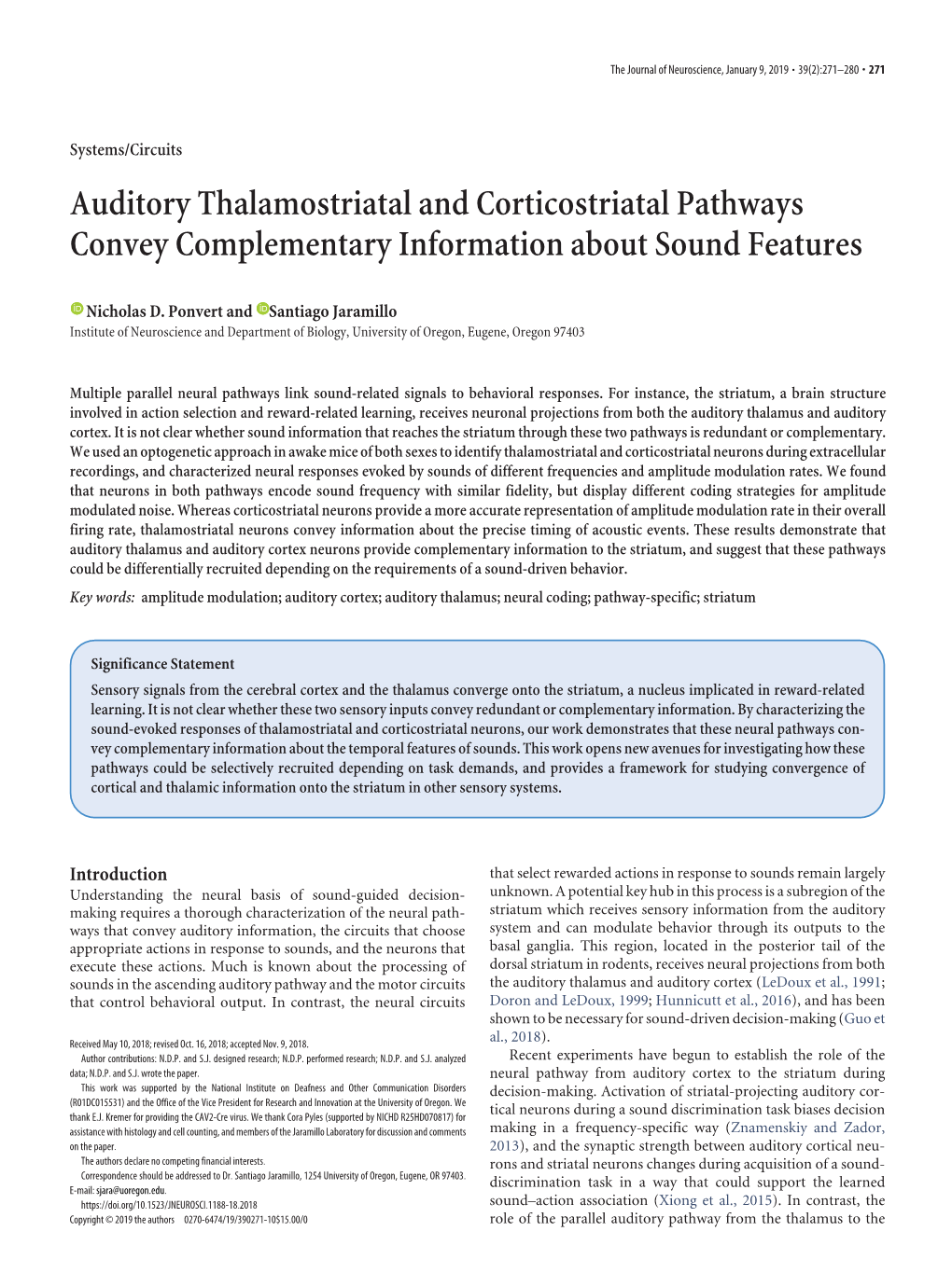 Auditory Thalamostriatal and Corticostriatal Pathways Convey Complementary Information About Sound Features