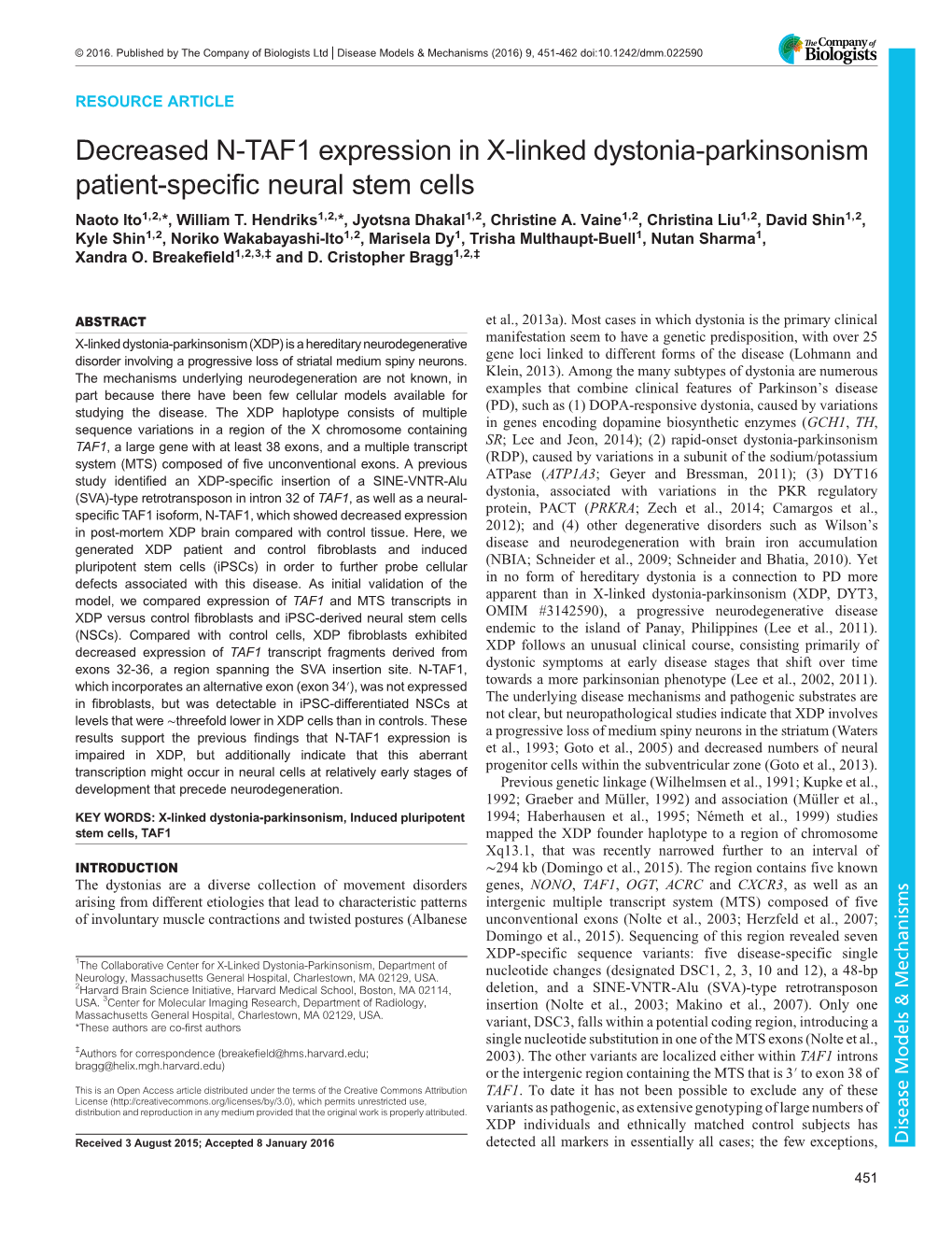 Decreased N-TAF1 Expression in X-Linked Dystonia-Parkinsonism Patient-Specific Neural Stem Cells Naoto Ito1,2,*, William T