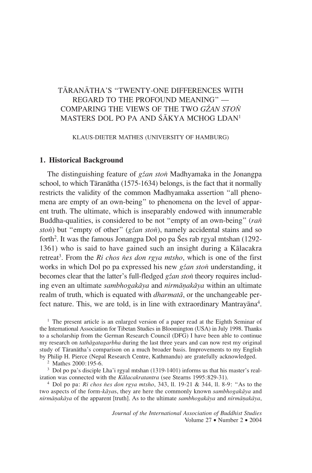 Tāranātha's "Twenty-One Differences with Regard to the Profound Meaning"