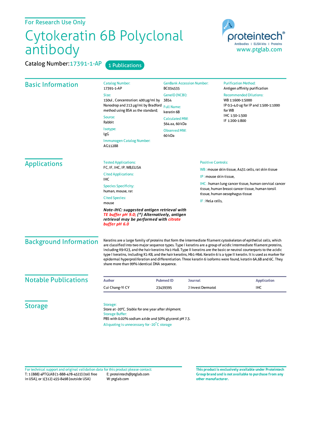 Cytokeratin 6B Polyclonal Antibody Catalog Number:17391-1-AP 1 Publications