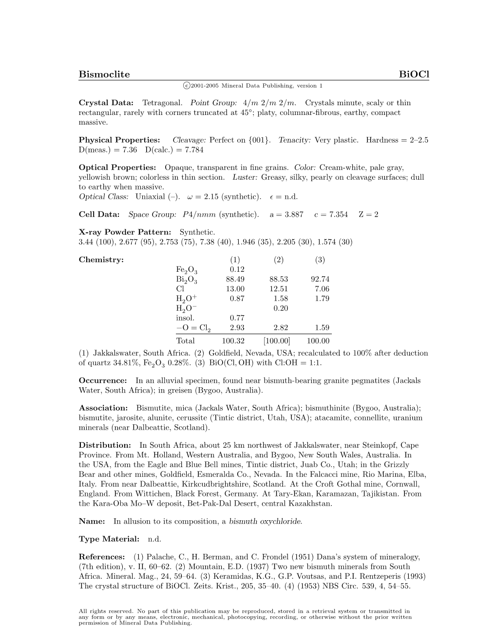 Bismoclite Biocl C 2001-2005 Mineral Data Publishing, Version 1