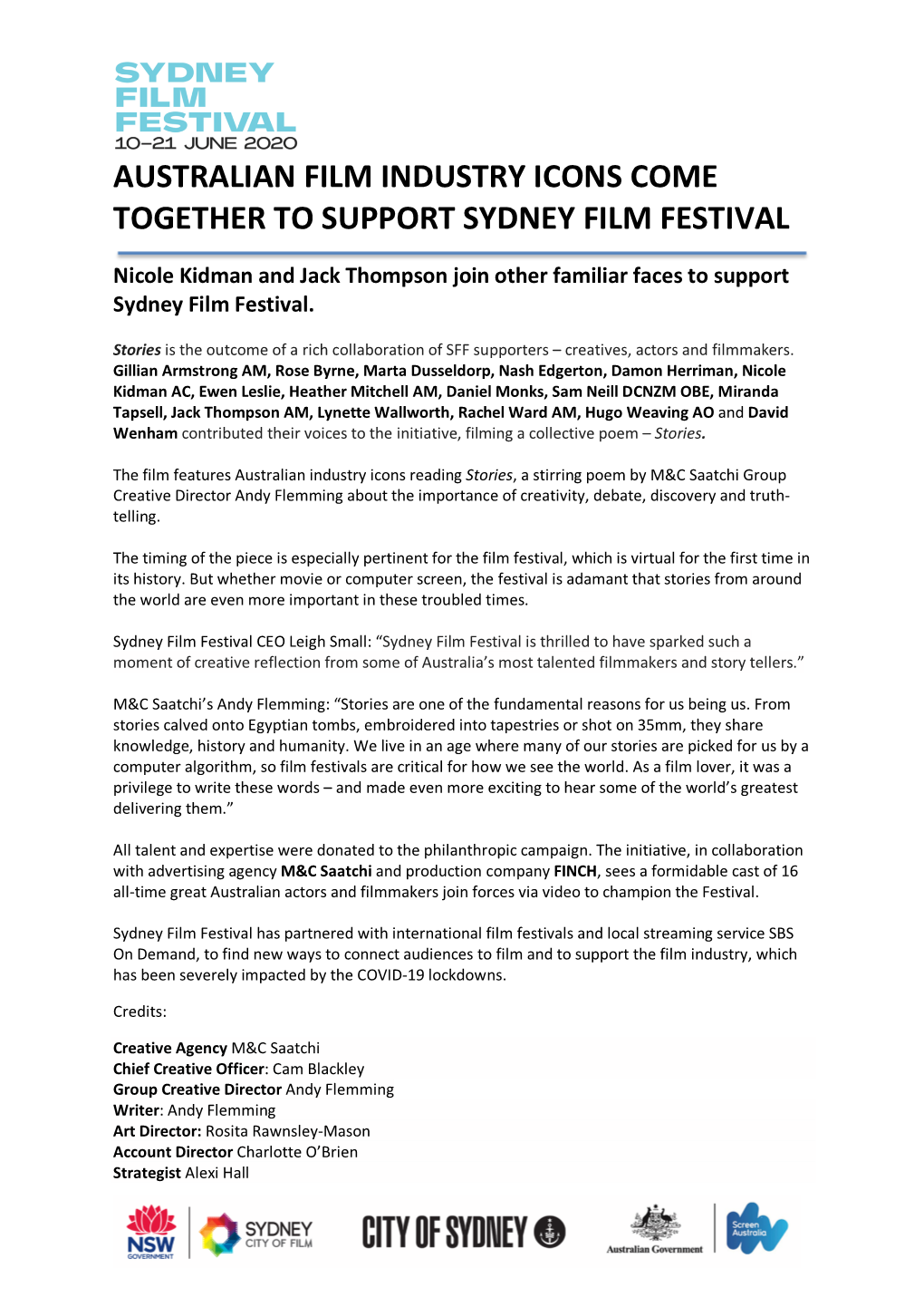 Australian Film Industry Icons Come Together to Support Sydney Film Festival