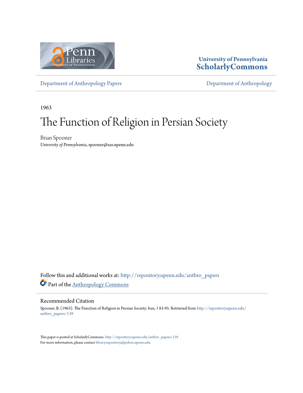 The Function of Religion in Persian Society'