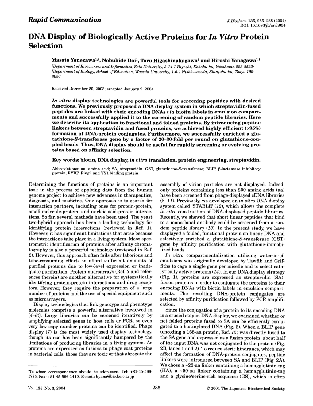 DNA Display of Biologically Active Proteins Forin Vitro Protein Selection