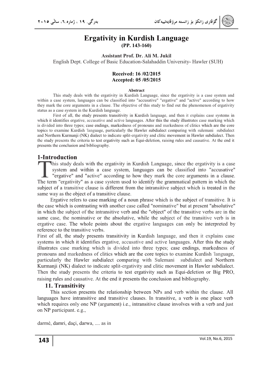 Ergativity in Kurdish Language (PP