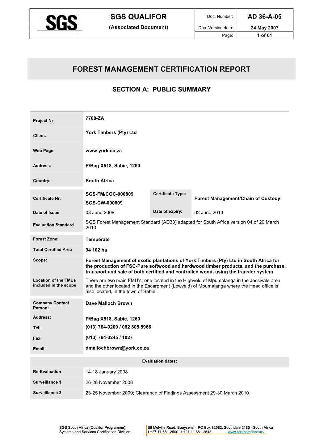 Forest Management Certification Report Sgs