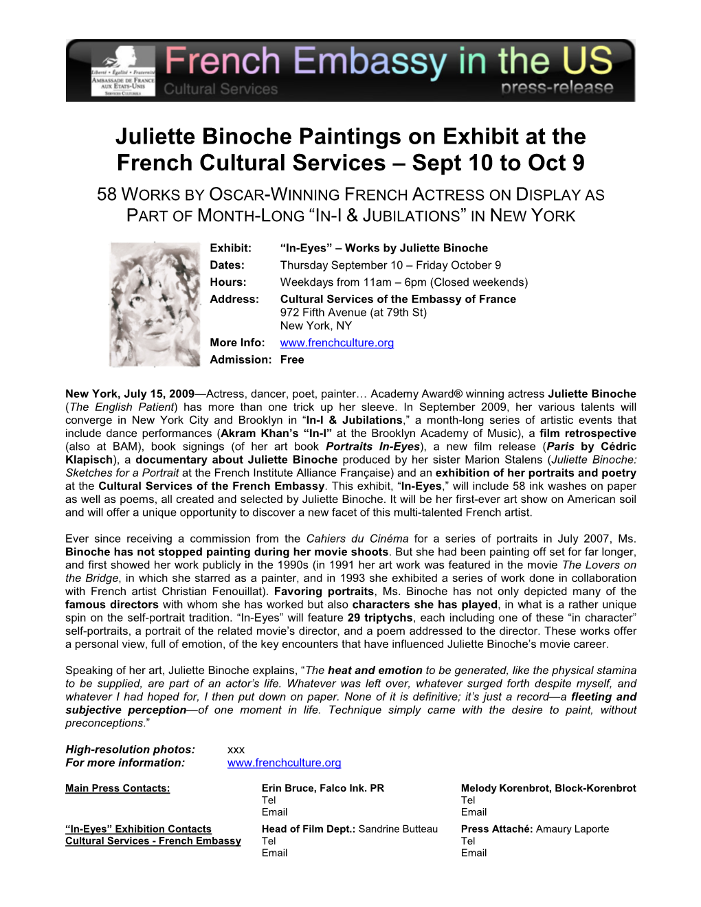 Juliette Binoche Paintings on Exhibit at the French Cultural Services – Sept 10 to Oct 9