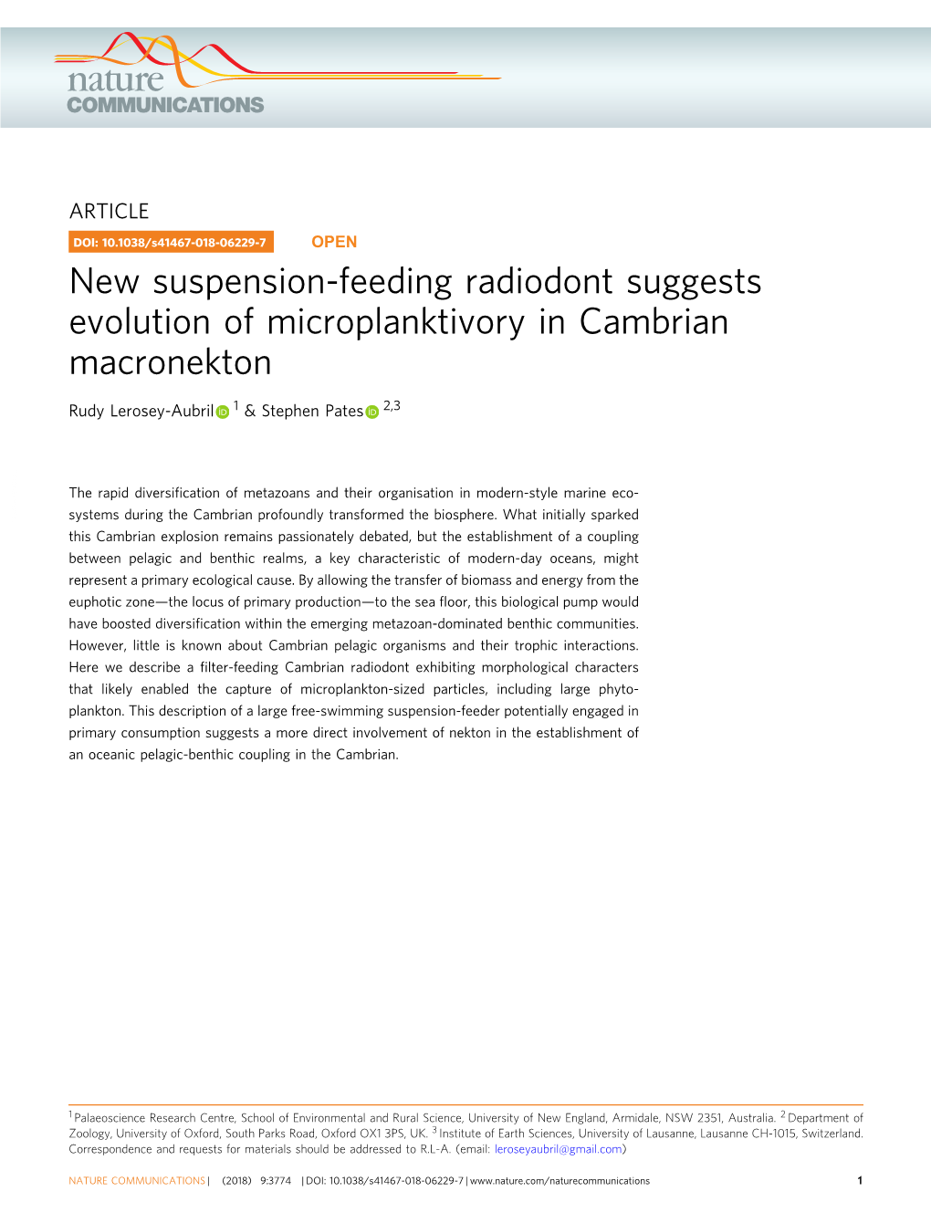 New Suspension-Feeding Radiodont Suggests Evolution of Microplanktivory in Cambrian Macronekton