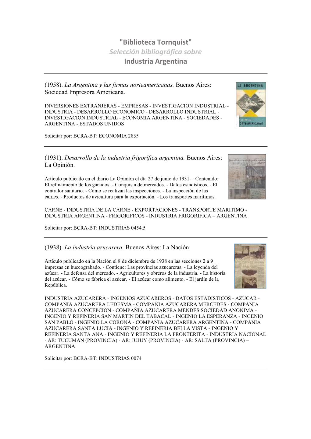 "Biblioteca Tornquist" Selección Bibliográfica Sobre Industria Argentina