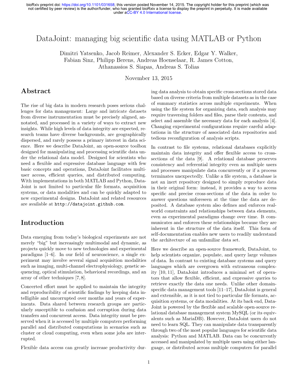 Datajoint: Managing Big Scientific Data Using MATLAB Or Python