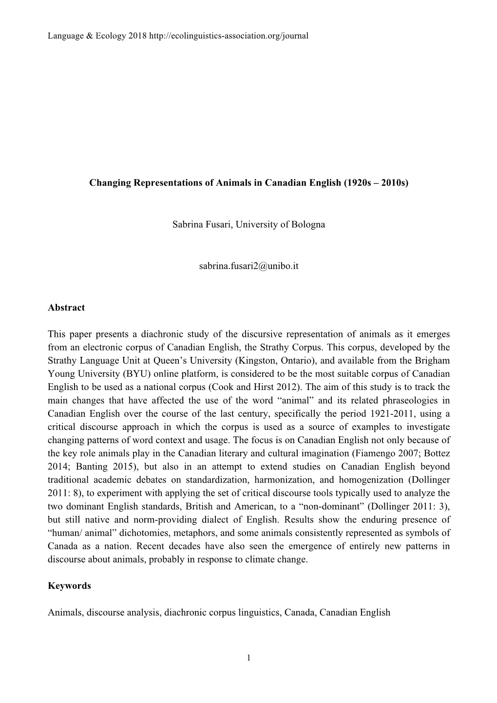 Changing Representations of Animals in Canadian English (1920S – 2010S)