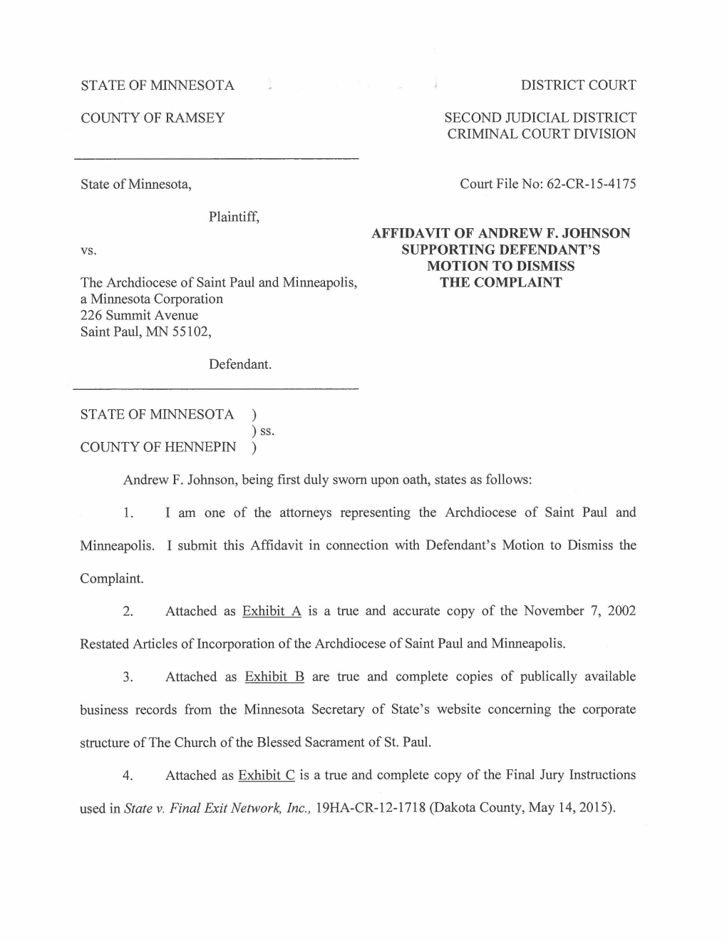 AFFIDAVIT of ANDREW F. JOHNSON SUPPORTING DEFENDANT's MOTION to DISMISS the COMPLAINT the Archdiocese of Saint Paul and Minneapo