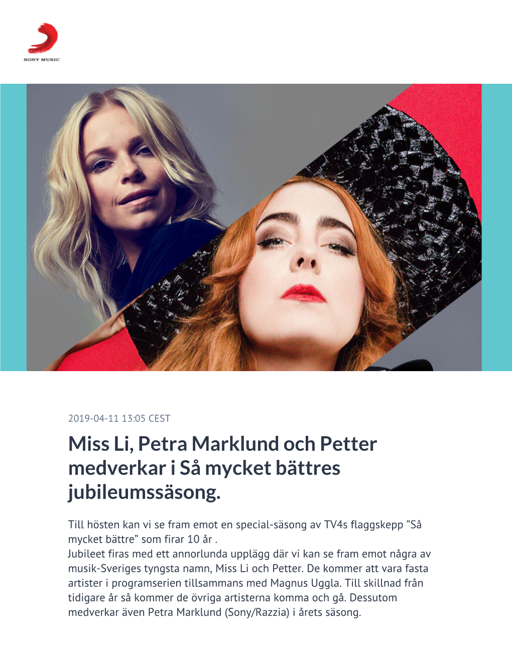 Miss Li, Petra Marklund Och Petter Medverkar I Så Mycket Bättres Jubileumssäsong