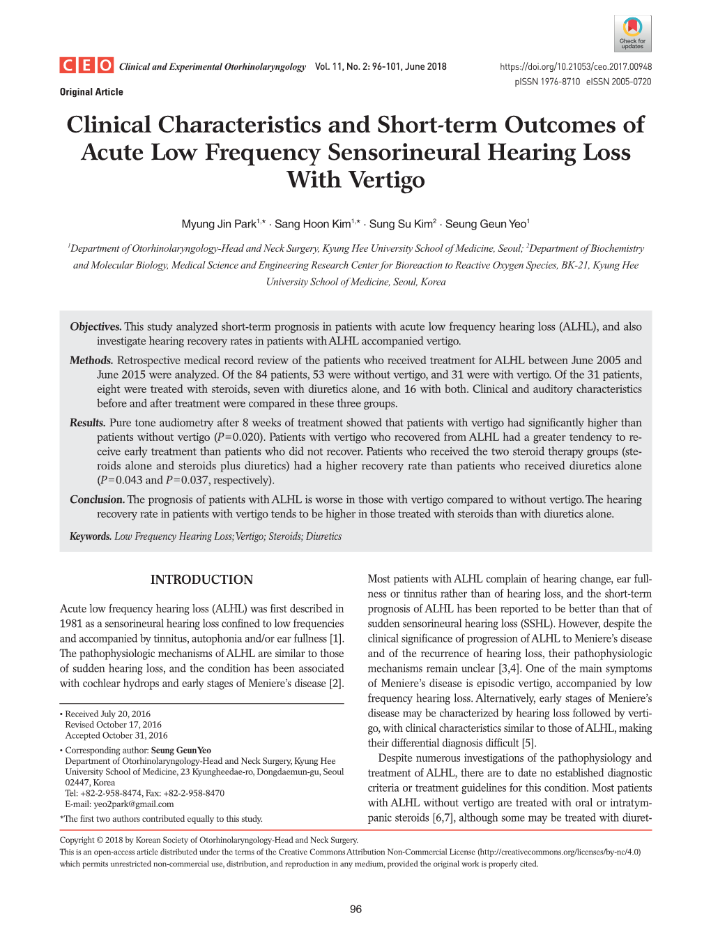 Clinical Characteristics and Short-Term Outcomes of Acute Low Frequency Sensorineural Hearing Loss with Vertigo
