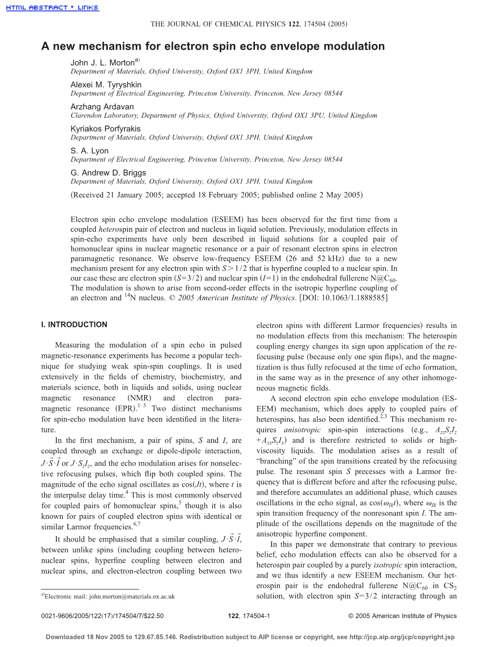 A New Mechanism for Electron Spin Echo Envelope Modulation ͒ John J