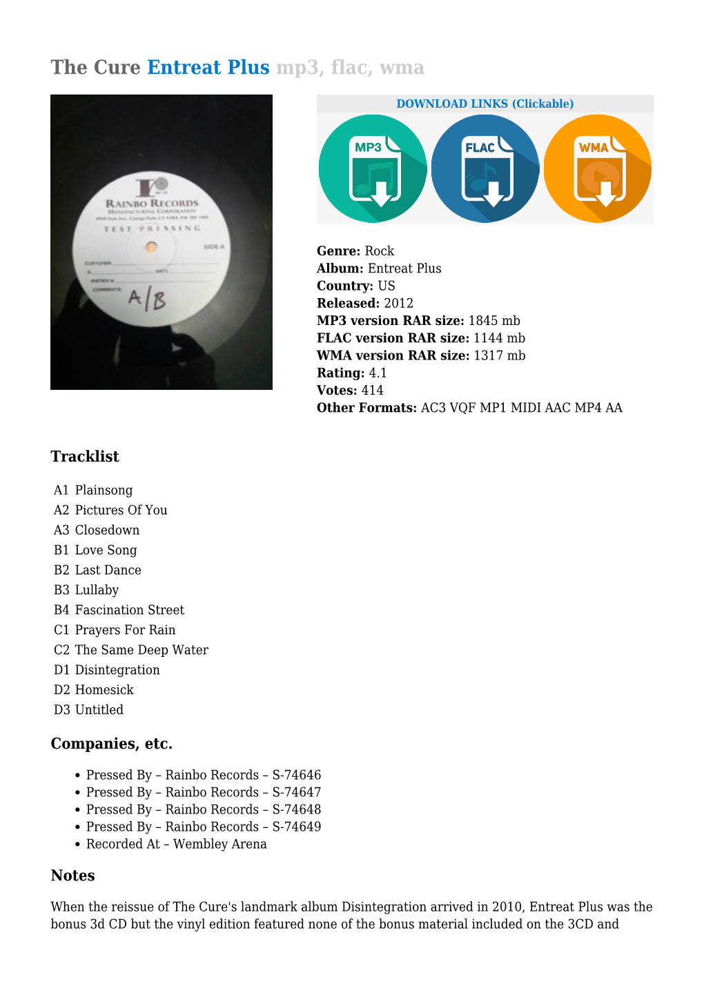 The Cure Entreat Plus Mp3, Flac, Wma