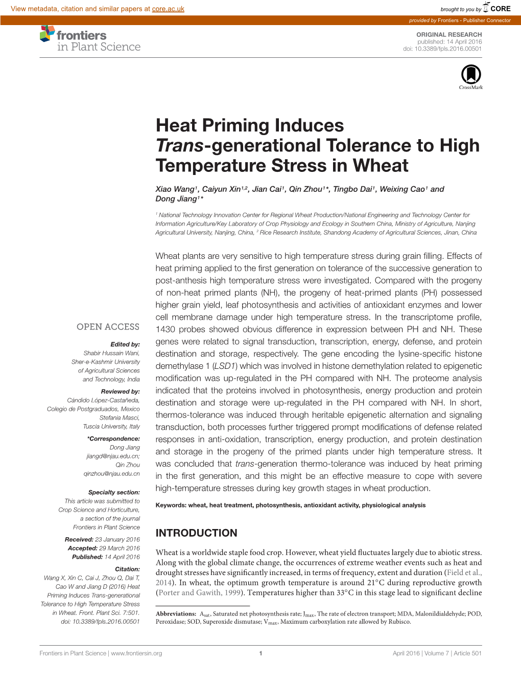 Heat Priming Induces Trans-Generational Tolerance to High Temperature Stress in Wheat