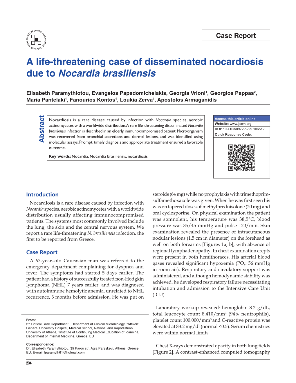 A Life-Threatening Case of Disseminated Nocardiosis Due to Nocardia Brasiliensis