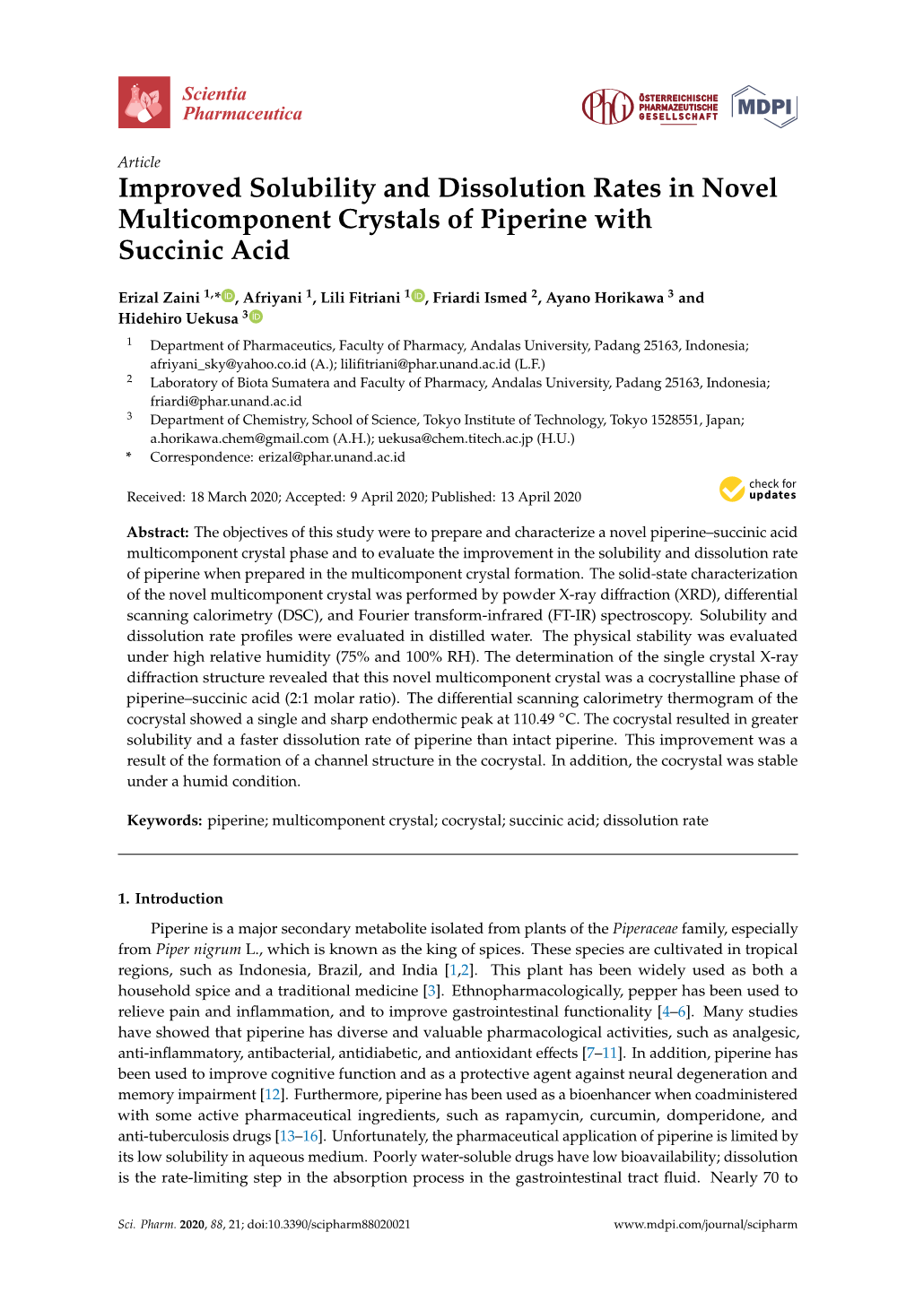 Improved Solubility and Dissolution Rates in Novel Multicomponent Crystals of Piperine with Succinic Acid