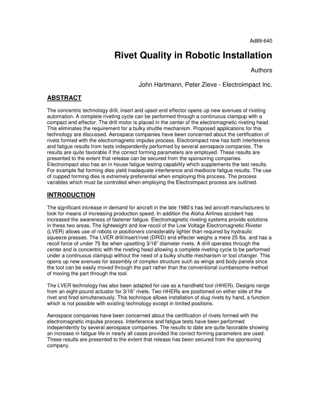 Rivet Quality in Robotic Installation