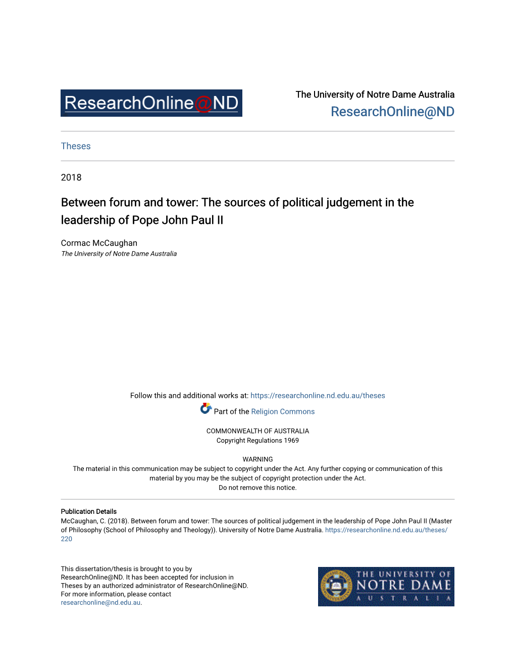 Between Forum and Tower: the Sources of Political Judgement in the Leadership of Pope John Paul II